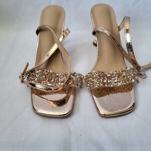 Gold Sequin Heal Wrap Strap Women's Heeled Sandals Size 37 New